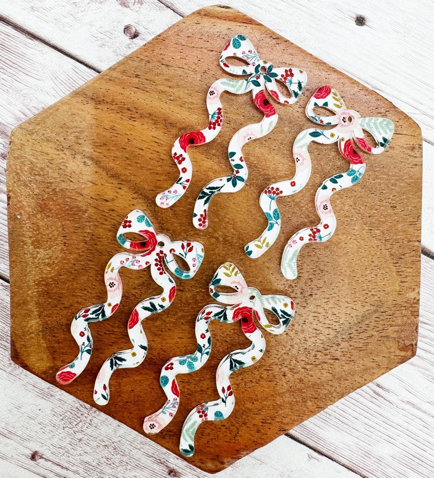 Winter Christmas Floral Print Acrylic Long Ribbon Bow Earring Blanks, DIY Jewelry Making