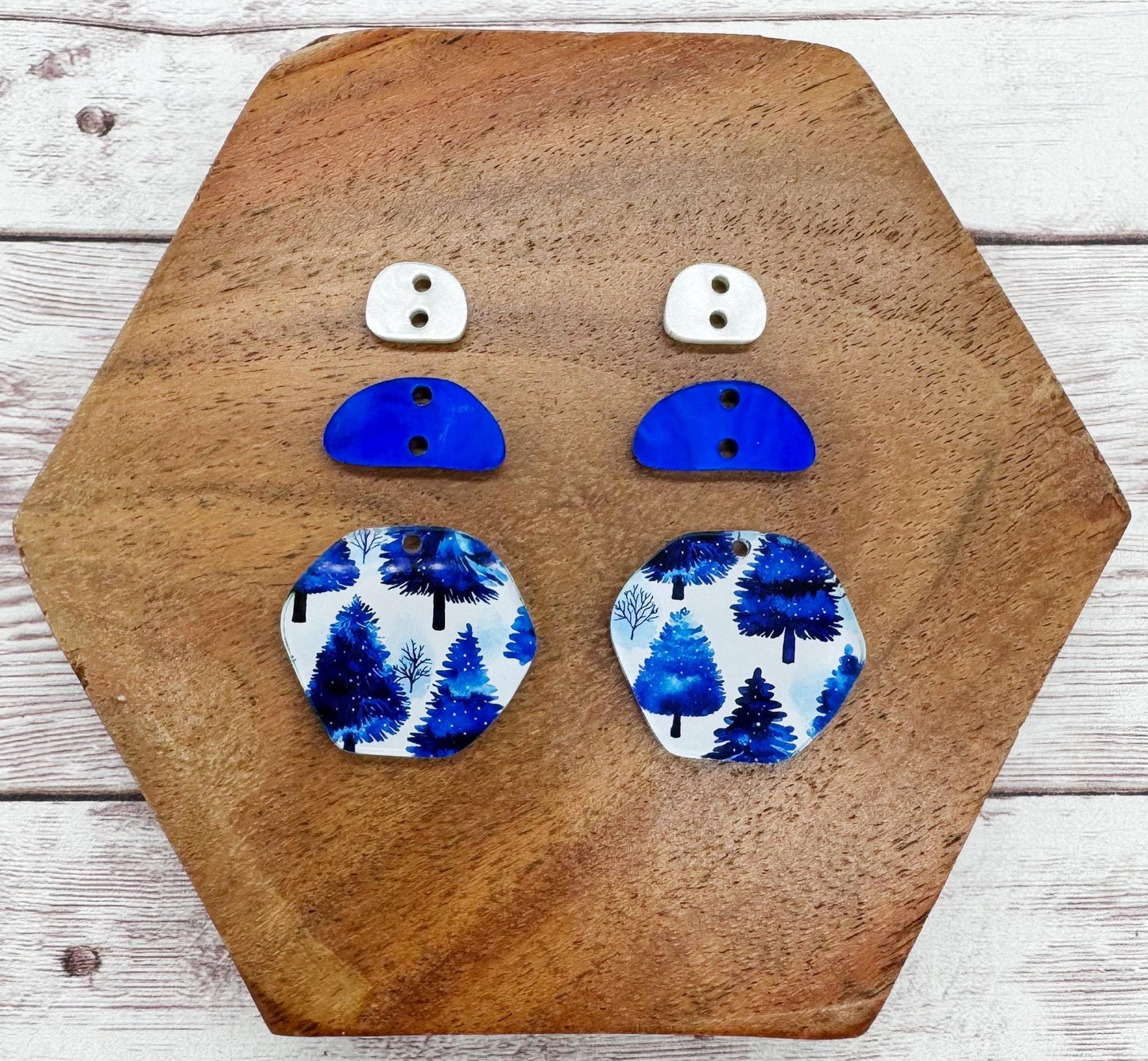 Blue Winter Tree Print Stone Trio Dangle Earring Blanks, DIY Jewelry Making