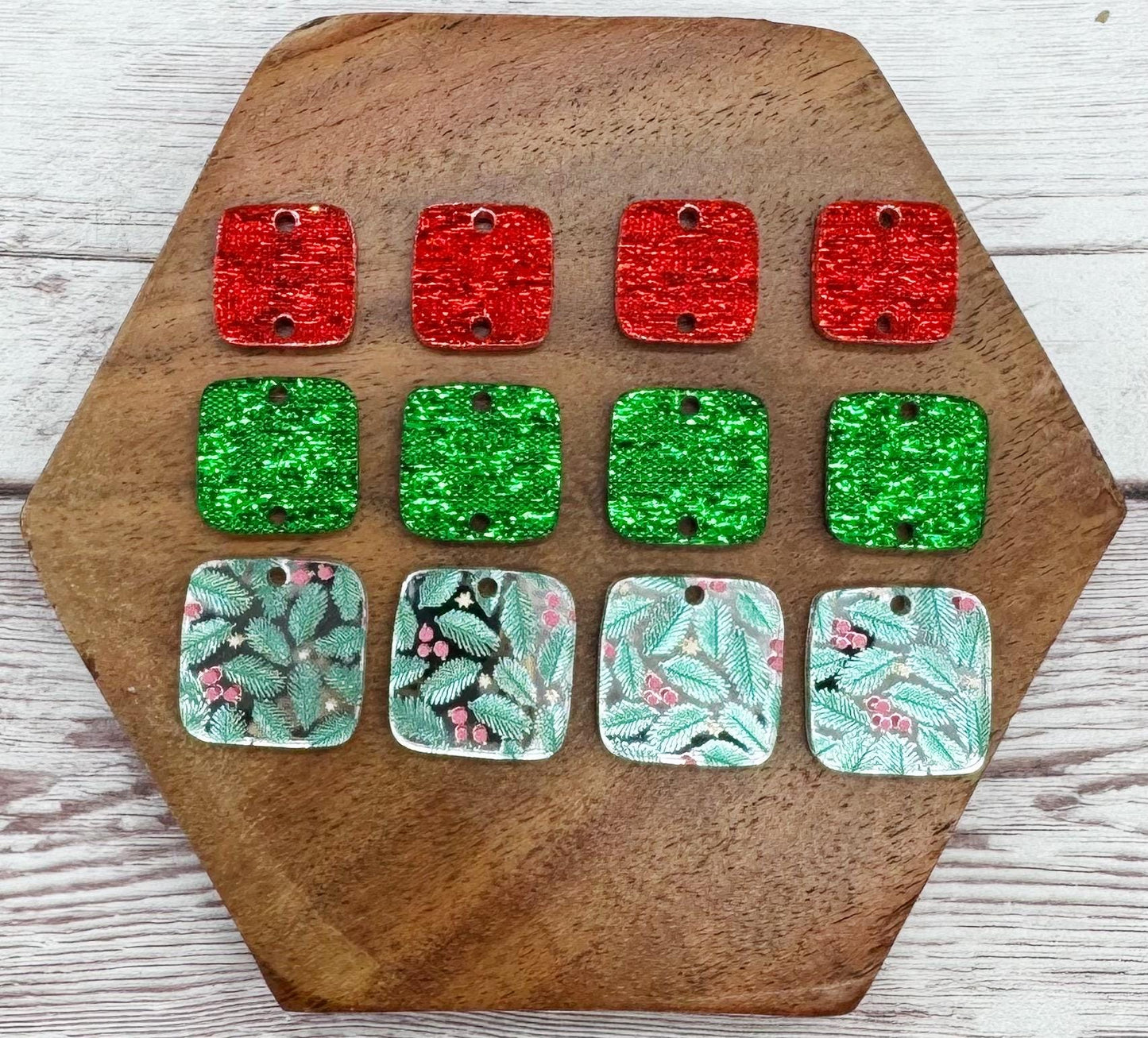 Winter Holly Berry Print Mirrored Acrylic Christmas Rounded Square Trio Set Earring Blanks, DIY Jewelry Making