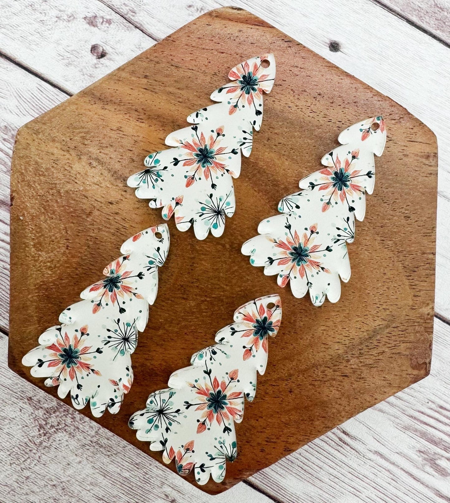 Patterned White Retro Snowflake Print Winter Tree Acrylic Earring Blanks, DIY Jewelry Making