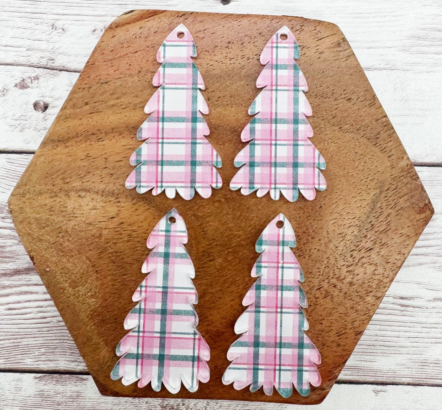 Patterned Pink and Grey Plaid Print Winter Tree Acrylic Earring Blanks, DIY Jewelry Making