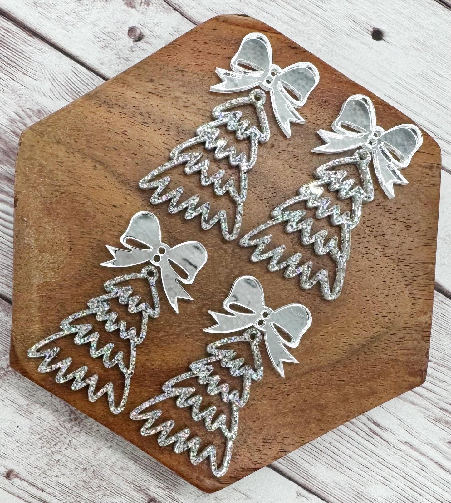 Holographic Glitter Doodle Christmas Tree and Silver Mirrored Bow Connector Set Earring Blanks, DIY Jewelry Making