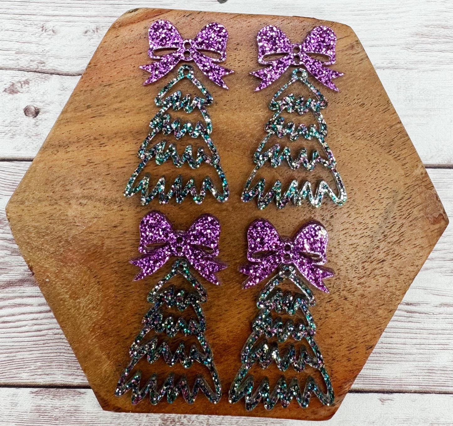 Multicolor Purple Glitter Doodle Christmas Tree and Purple Glitter Bow Connector Set Earring Blanks, DIY Jewelry Making