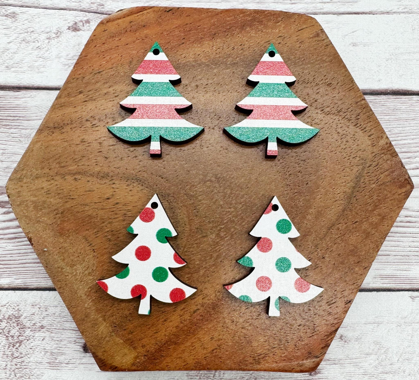 Set of 2 Pair Christmas Tree Polka Dot and Stripes Patterned Wood Earring Blanks DIY Jewelry Making