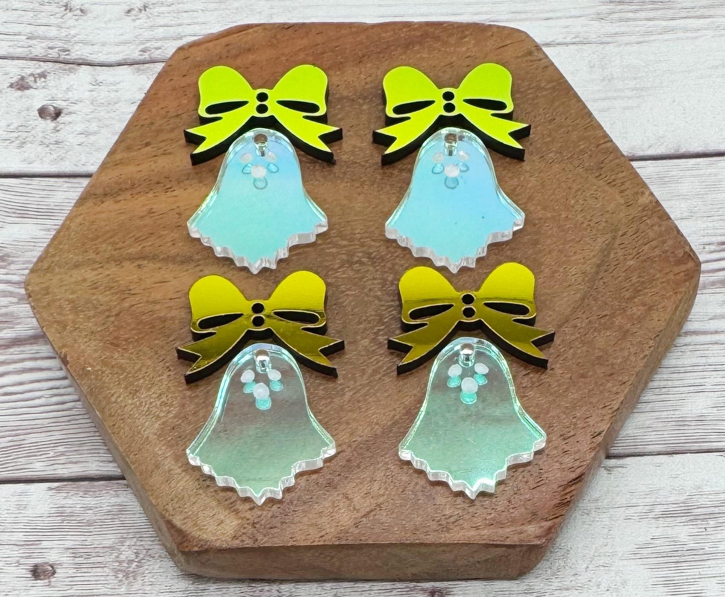 Iridescent Clear Ghost and Black Iridescent Bow Connector Set Halloween Earring Blanks, DIY Jewelry Making