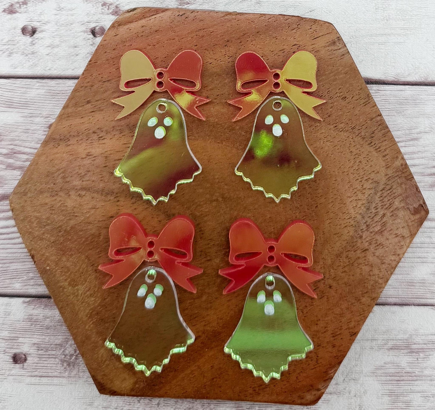 Iridescent Clear Ghost and Pink Iridescent Bow Connector Set Halloween Earring Blanks, DIY Jewelry Making