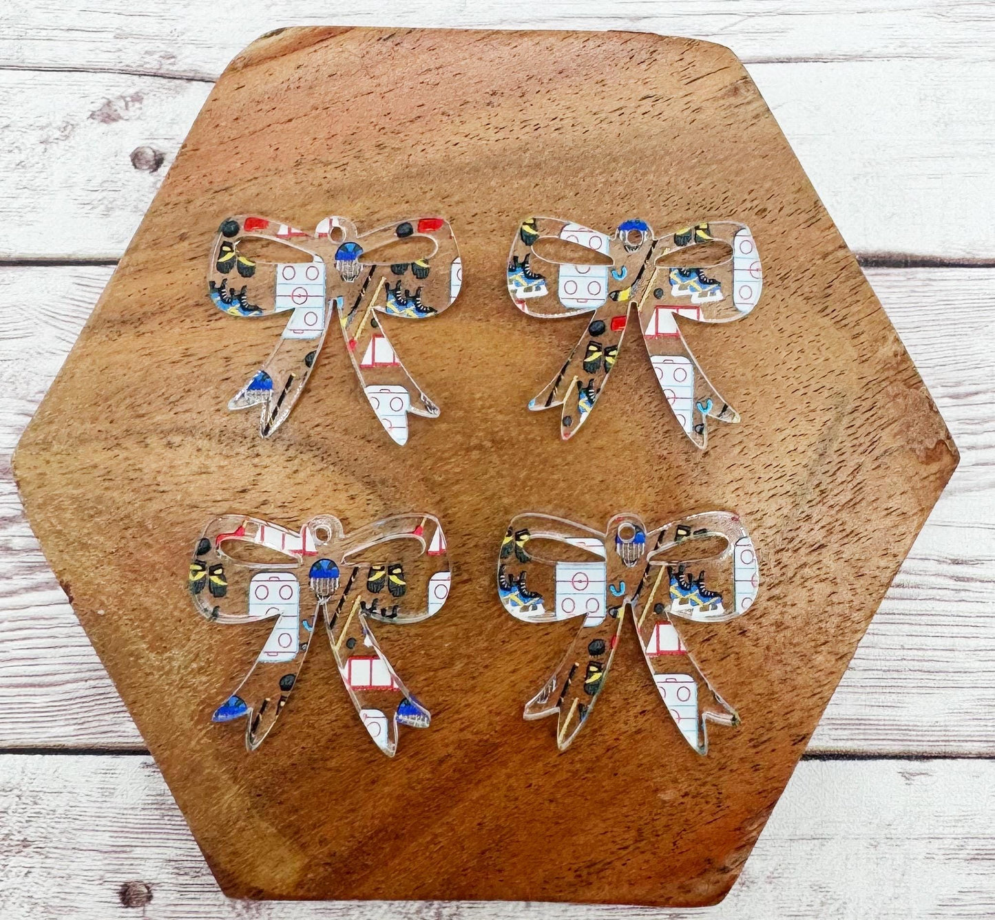 Set of 2 Hockey Print Acrylic Bow Sports Earring Blanks DIY Jewelry Making