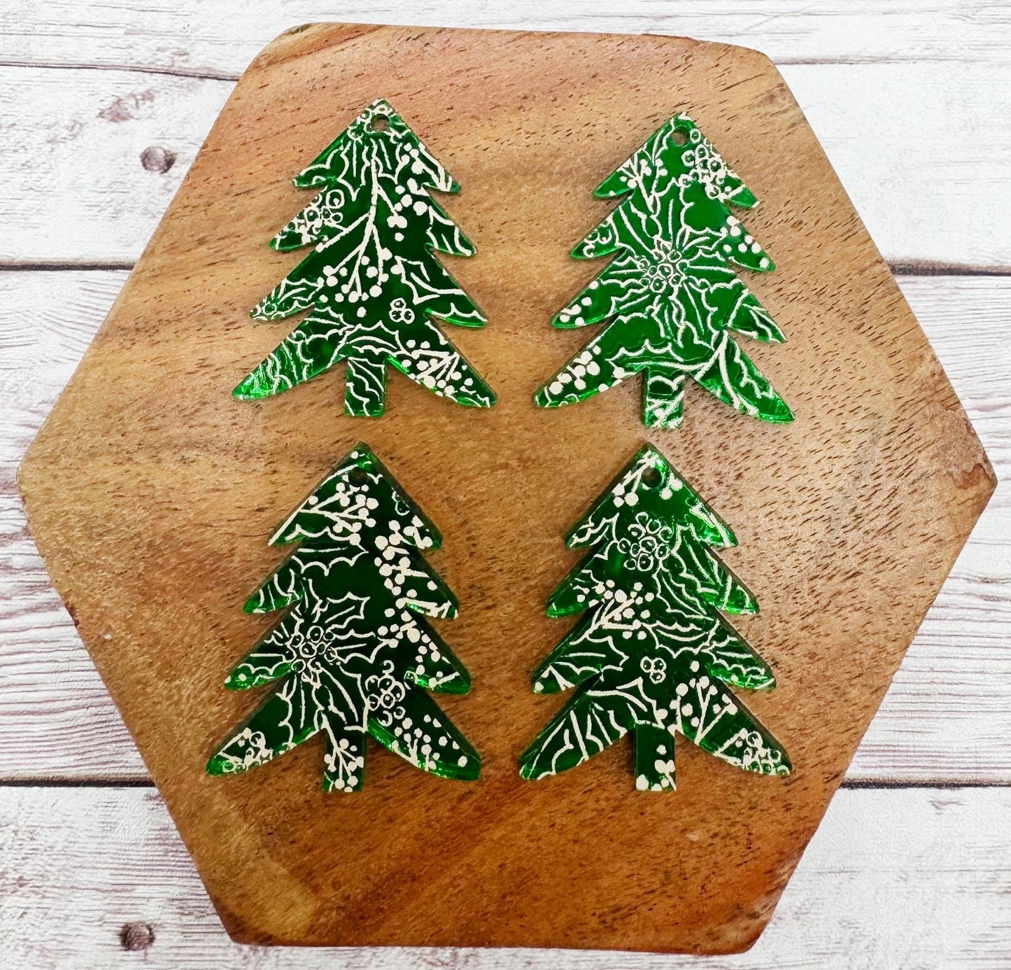 Patterned Green Mirrored and Gold Print Winter Tree Acrylic Earring Blanks, DIY Jewelry Making