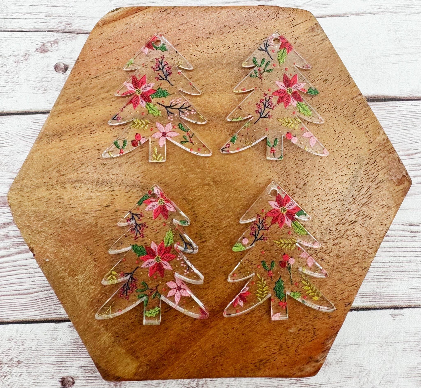 Patterned Winter Poinsettia Floral Print Tree Acrylic Earring Blanks, DIY Jewelry Making