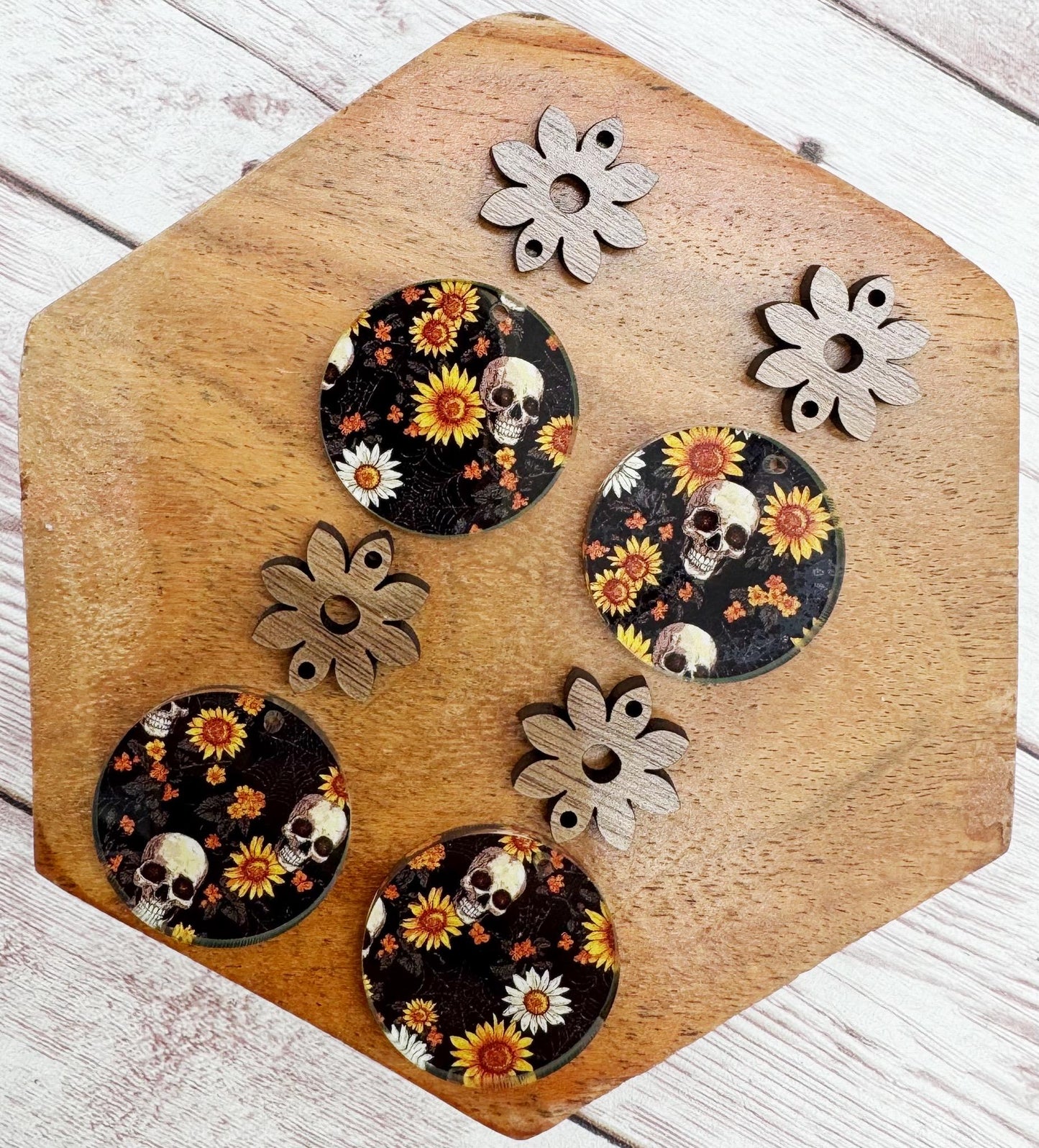 Sunflower Skull Print Acrylic and Wood Connector Set Halloween Earring Blanks, DIY Jewelry Making