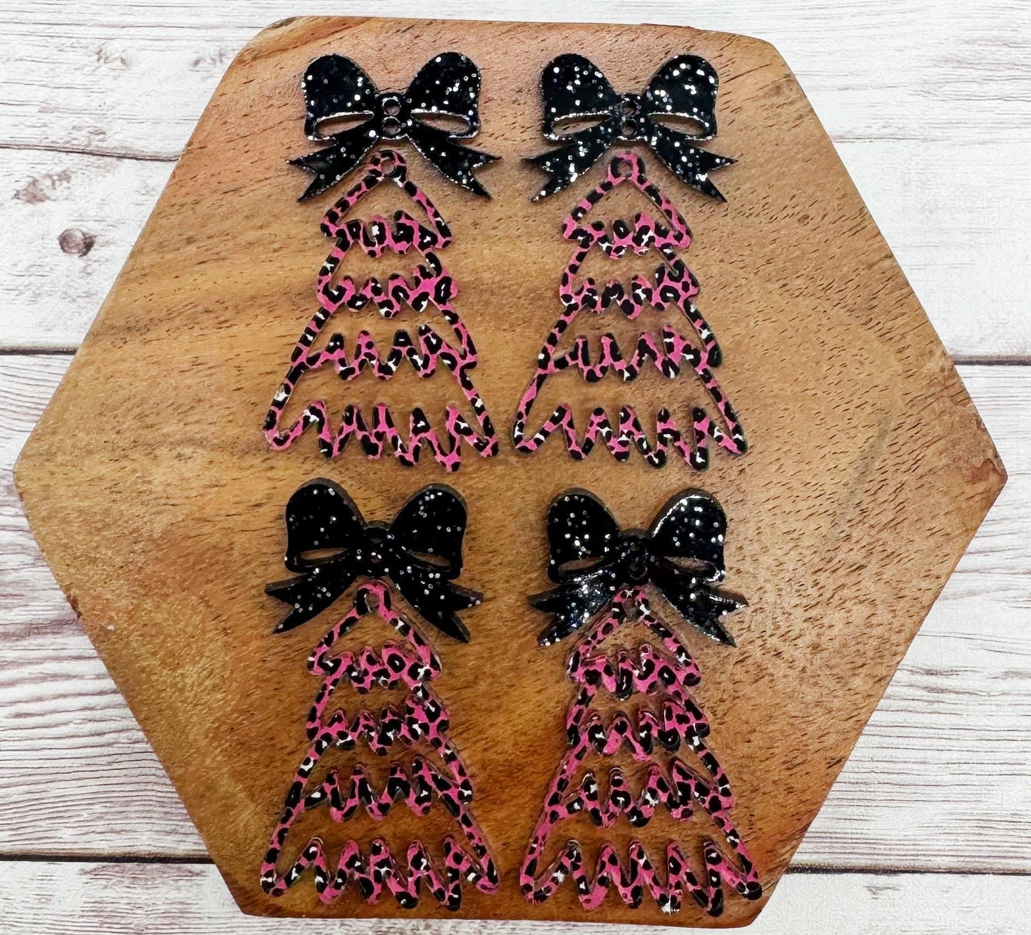 Pink Leopard Print Doodle Christmas Tree and Black Glitter Bow Connector Set Earring Blanks, DIY Jewelry Making