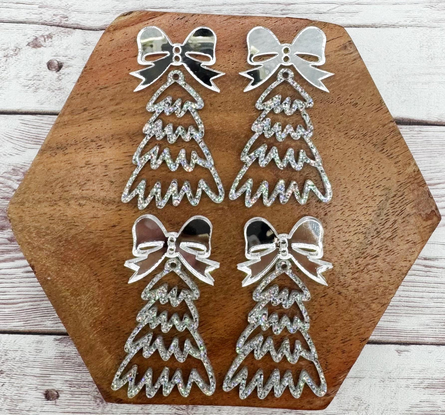 Holographic Glitter Doodle Christmas Tree and Silver Mirrored Bow Connector Set Earring Blanks, DIY Jewelry Making