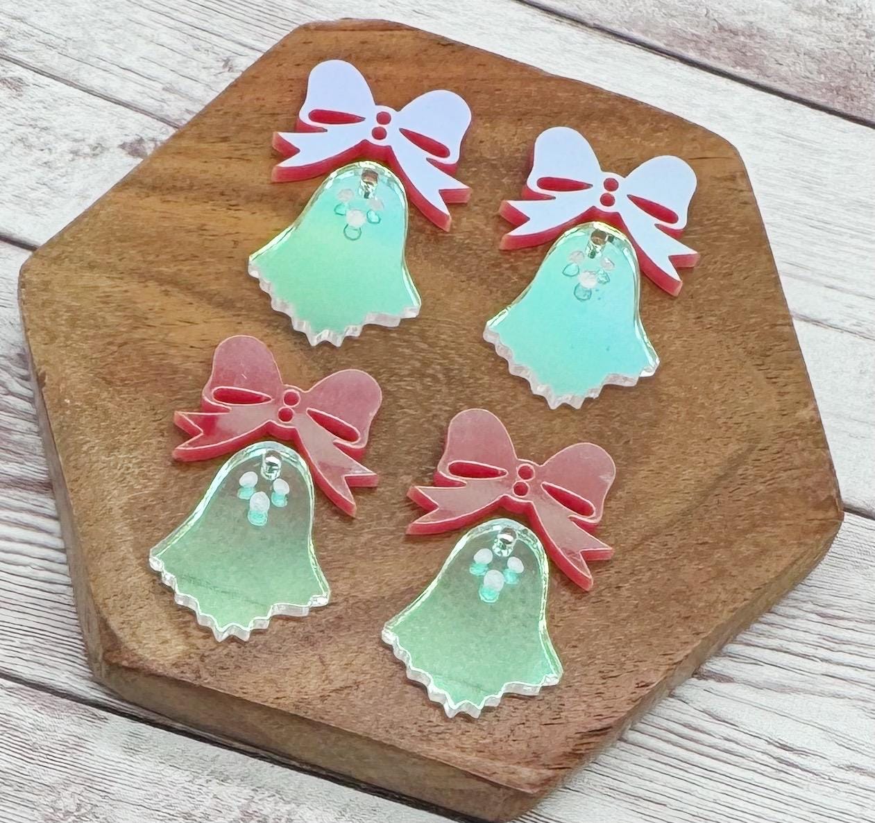 Iridescent Clear Ghost and Pink Iridescent Bow Connector Set Halloween Earring Blanks, DIY Jewelry Making