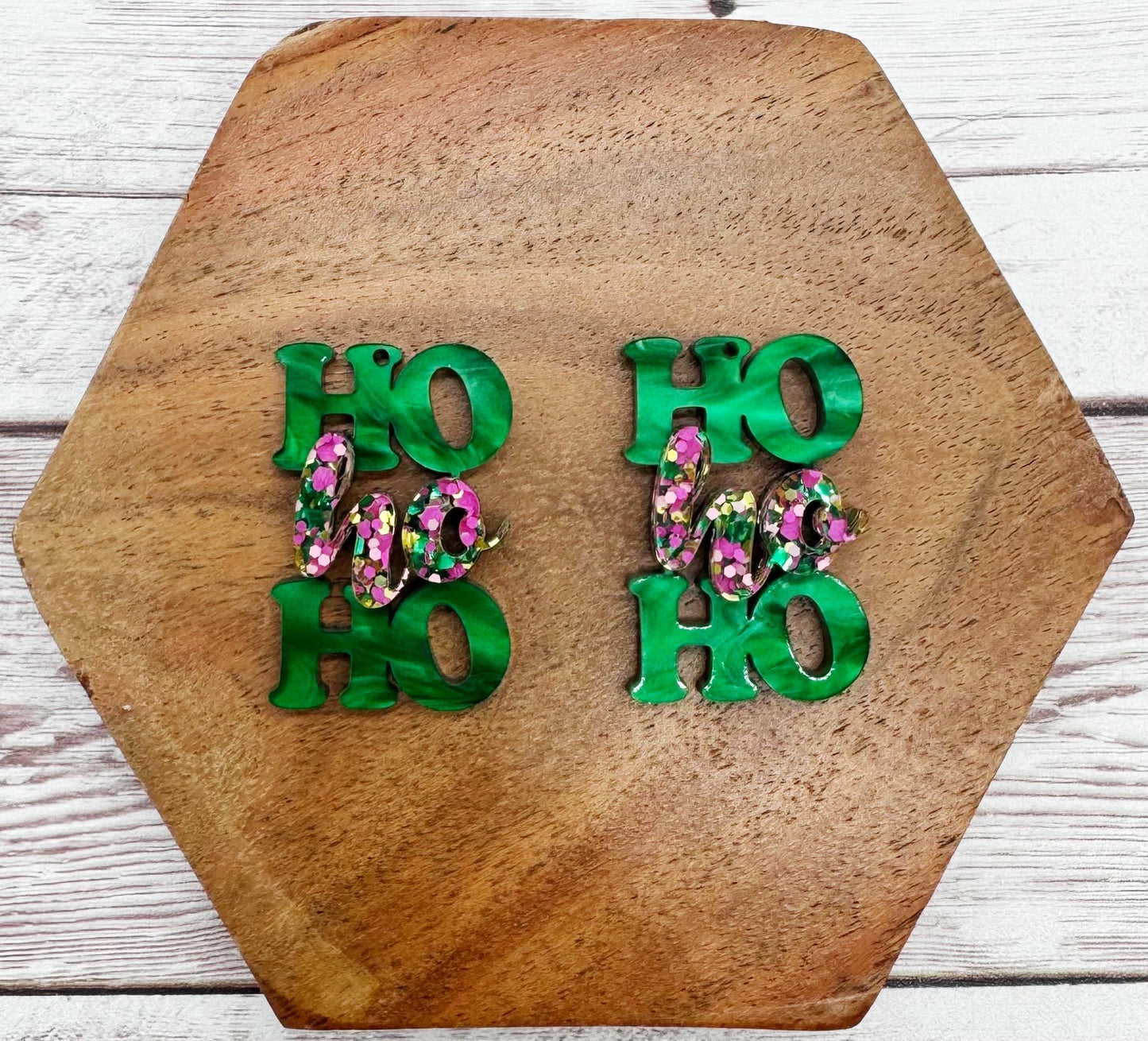 Green Marble and Glitter Layered Ho Ho Ho Acrylic Earring Blanks, Christmas, Winter, DIY Jewelry Making