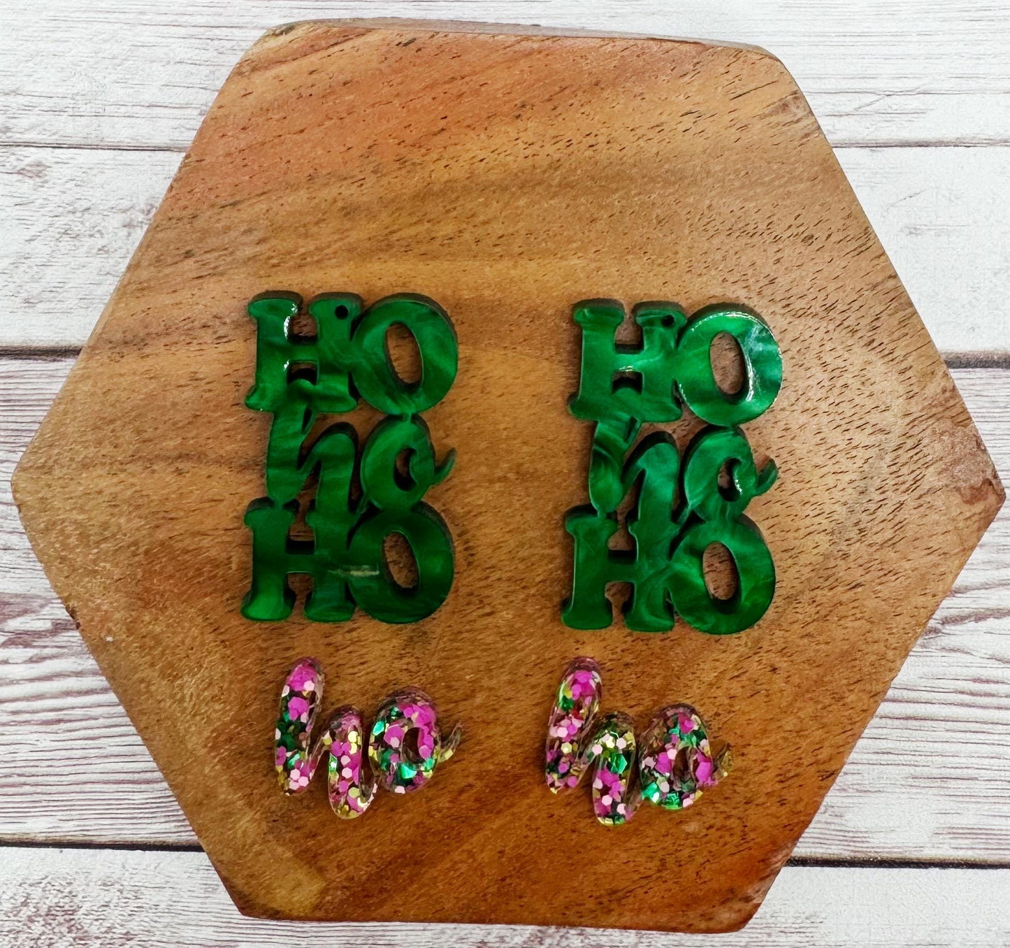 Green Marble and Glitter Layered Ho Ho Ho Acrylic Earring Blanks, Christmas, Winter, DIY Jewelry Making