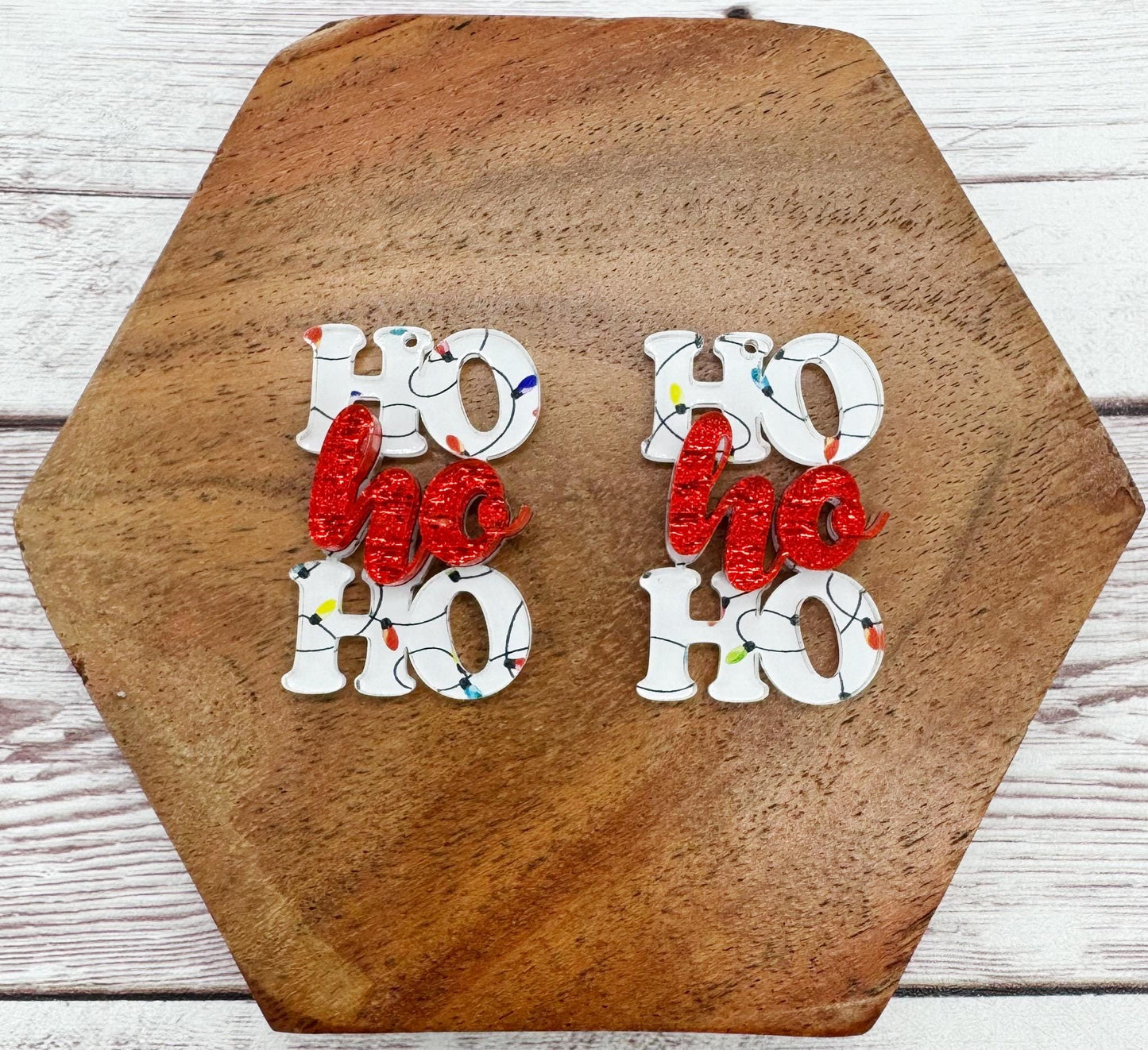 Christmas Light Print Layered Ho Ho Ho Acrylic Earring Blanks, Christmas, Winter, DIY Jewelry Making