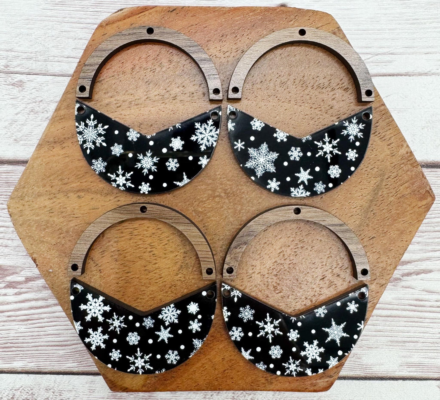 Black and White Snowflake Acrylic and Wood Arch Round Earring Blanks, DIY Jewelry Making