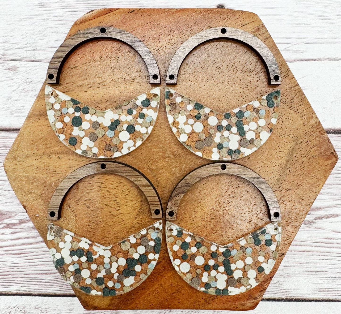 Neutral Dot Print Acrylic and Wood Arch Round Earring Blanks, DIY Jewelry Making