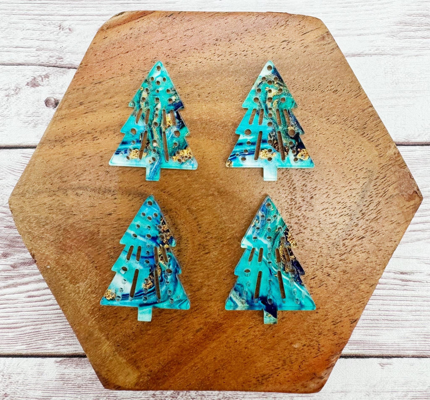 Set of 2 Pair Intricate Christmas Tree Green Teal Gold Swirl Print Acrylic Earring Blanks DIY Jewelry Making