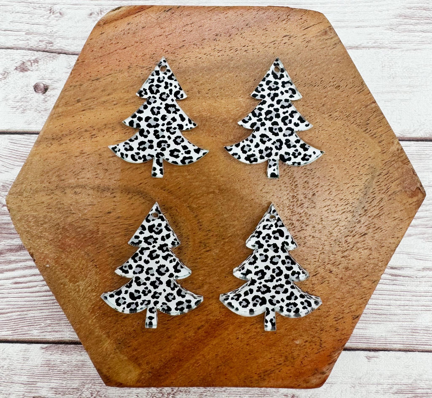 Set of 2 Pair Snow Leopard Print Christmas Tree Acrylic Earring Blanks DIY Jewelry Making