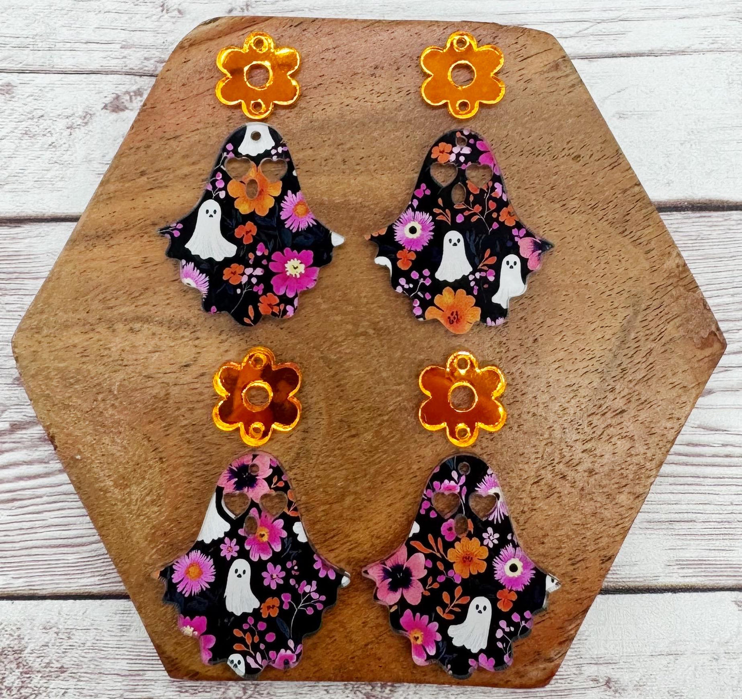 Pink Floral Ghost Print Acrylic and Orange Mirrored Flower Connector Halloween Set Earring Blanks, DIY Jewelry Making
