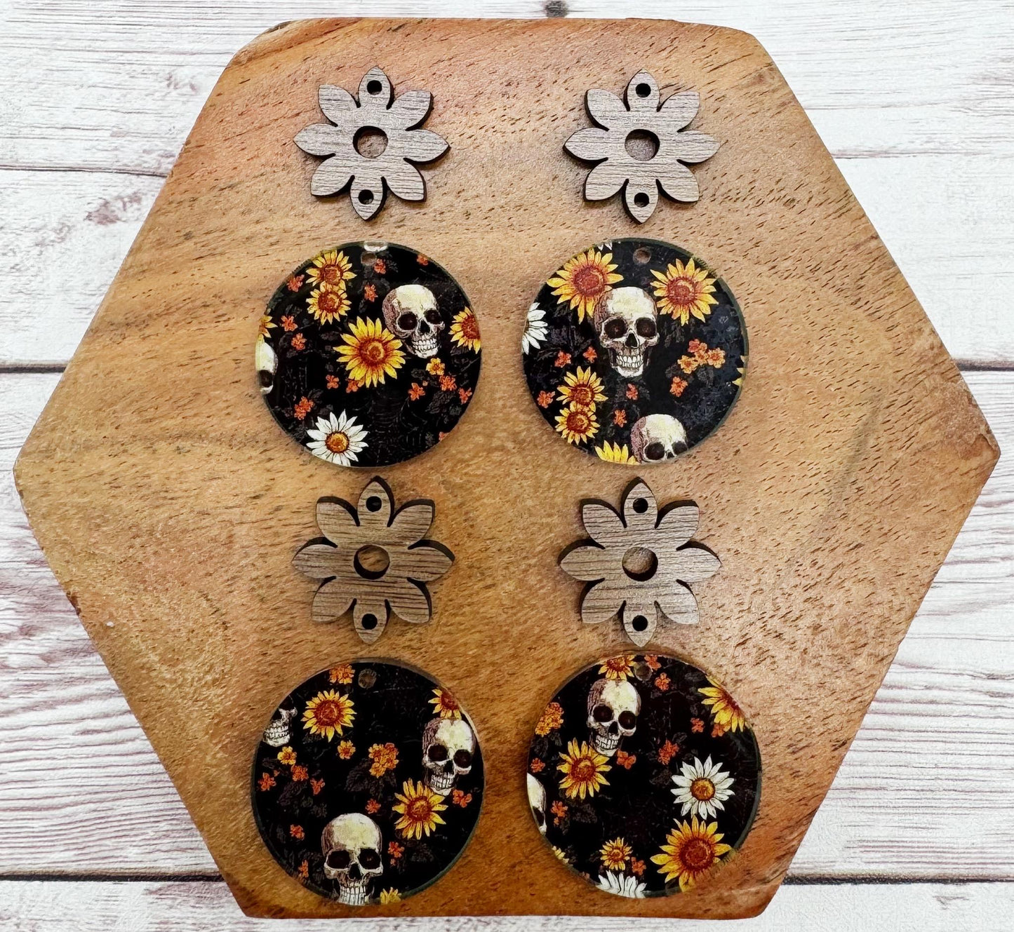 Sunflower Skull Print Acrylic and Wood Connector Set Halloween Earring Blanks, DIY Jewelry Making