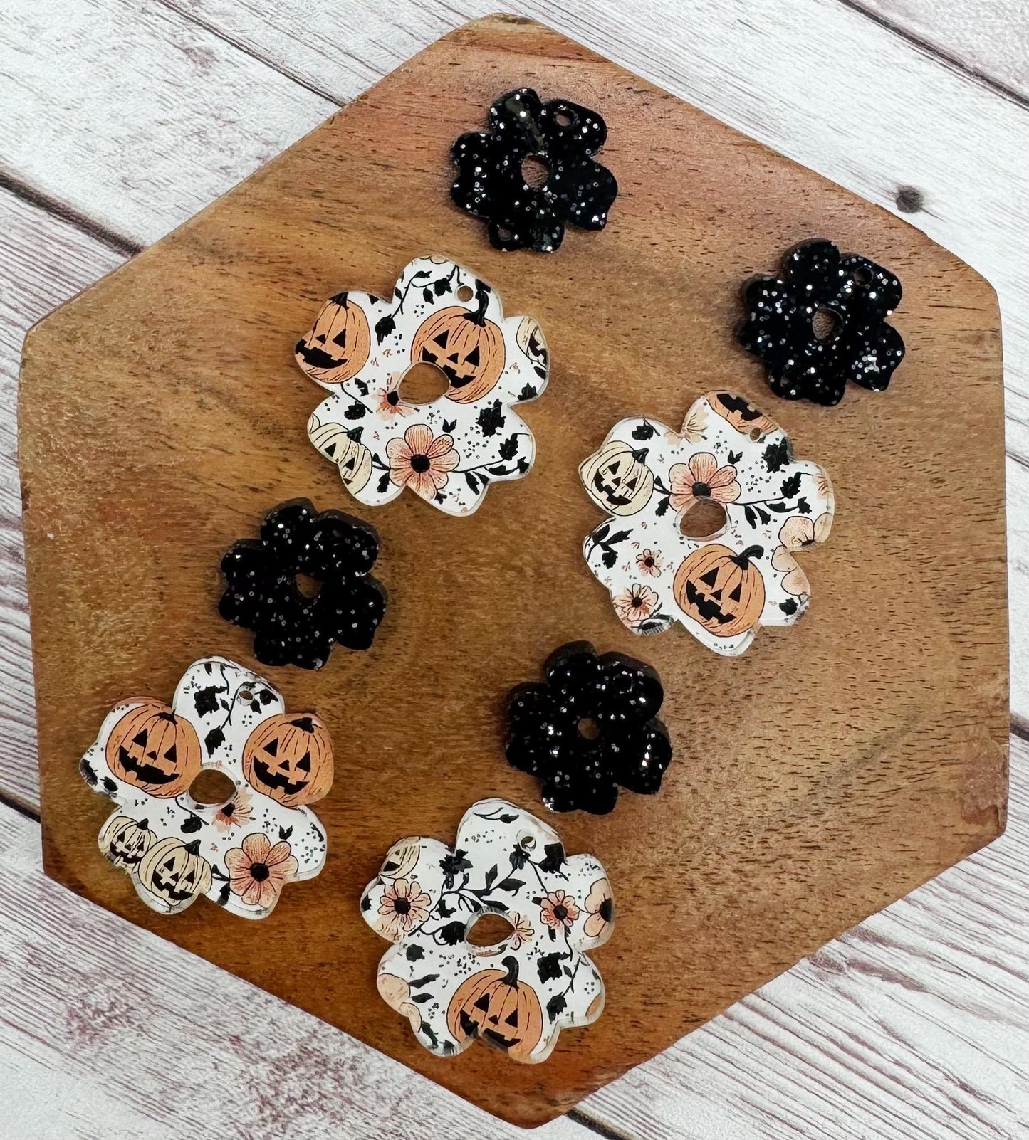 White Floral Pumpkin Print Acrylic and Black Glitter Connector Set Halloween Earring Blanks, DIY Jewelry Making