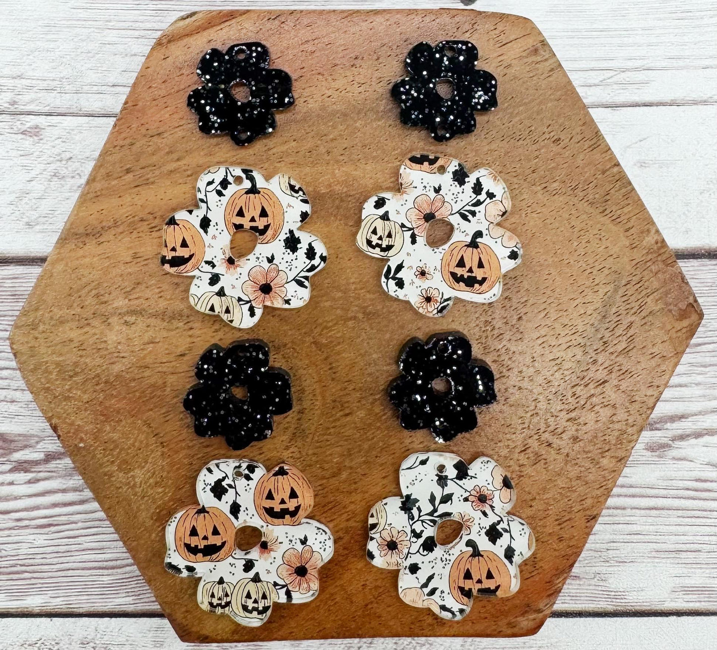 White Floral Pumpkin Print Acrylic and Black Glitter Connector Set Halloween Earring Blanks, DIY Jewelry Making
