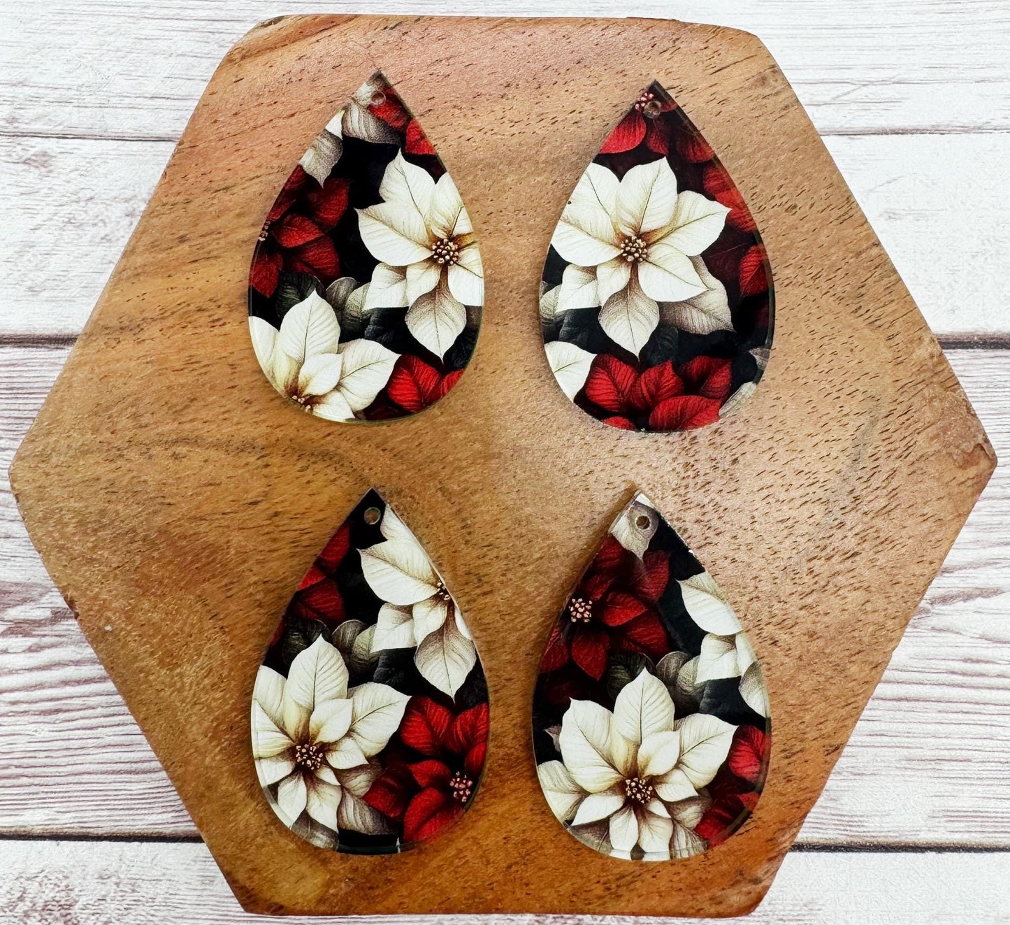 Red and White Print Poinsettia Holiday Christmas Print Acrylic Teardrop Earring Blanks, DIY Jewelry Making