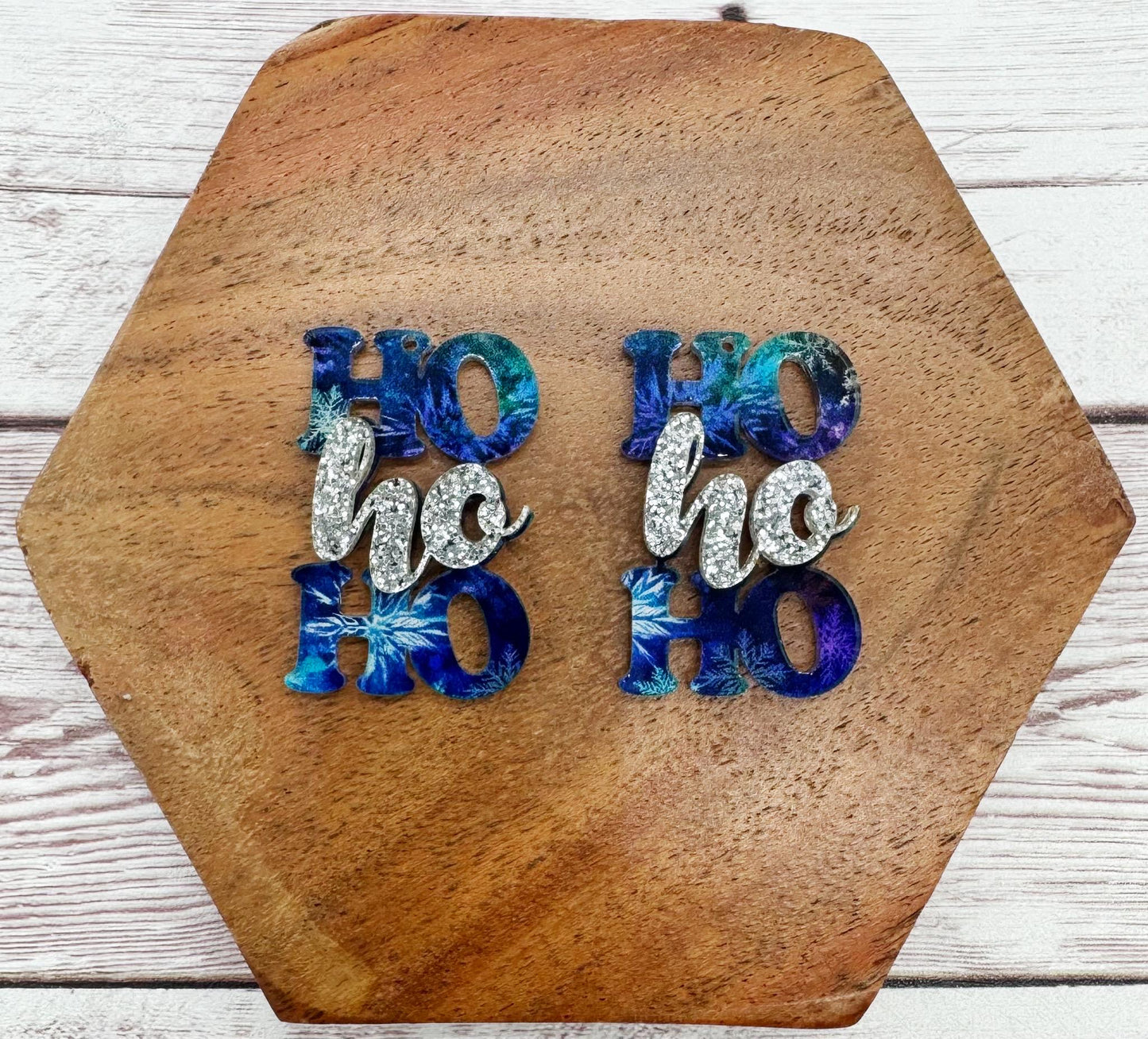 Snowflake Print Layered Ho Ho Ho Acrylic Earring Blanks, Christmas, Winter, DIY Jewelry Making
