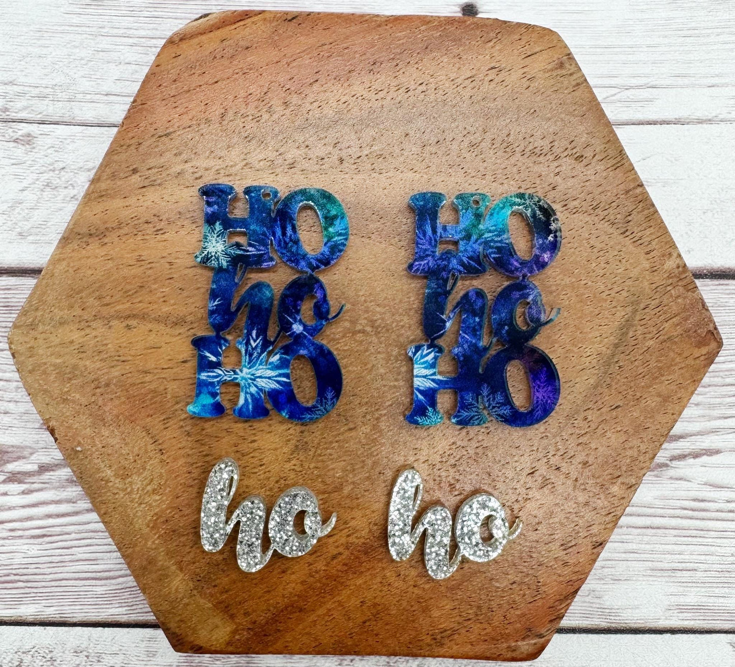 Snowflake Print Layered Ho Ho Ho Acrylic Earring Blanks, Christmas, Winter, DIY Jewelry Making