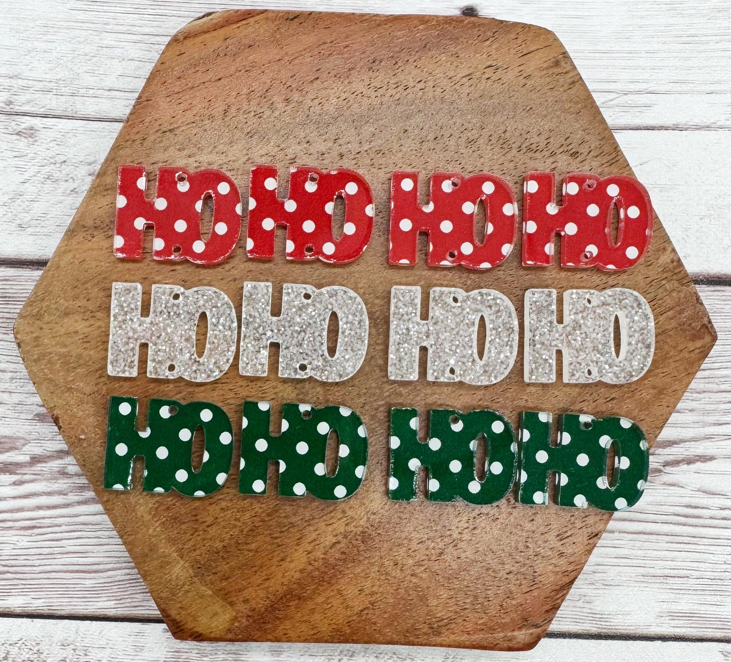 Polka Dot and Glitter Ho Ho Ho Acrylic Earring Blanks, Christmas, Holiday, DIY Jewelry Making