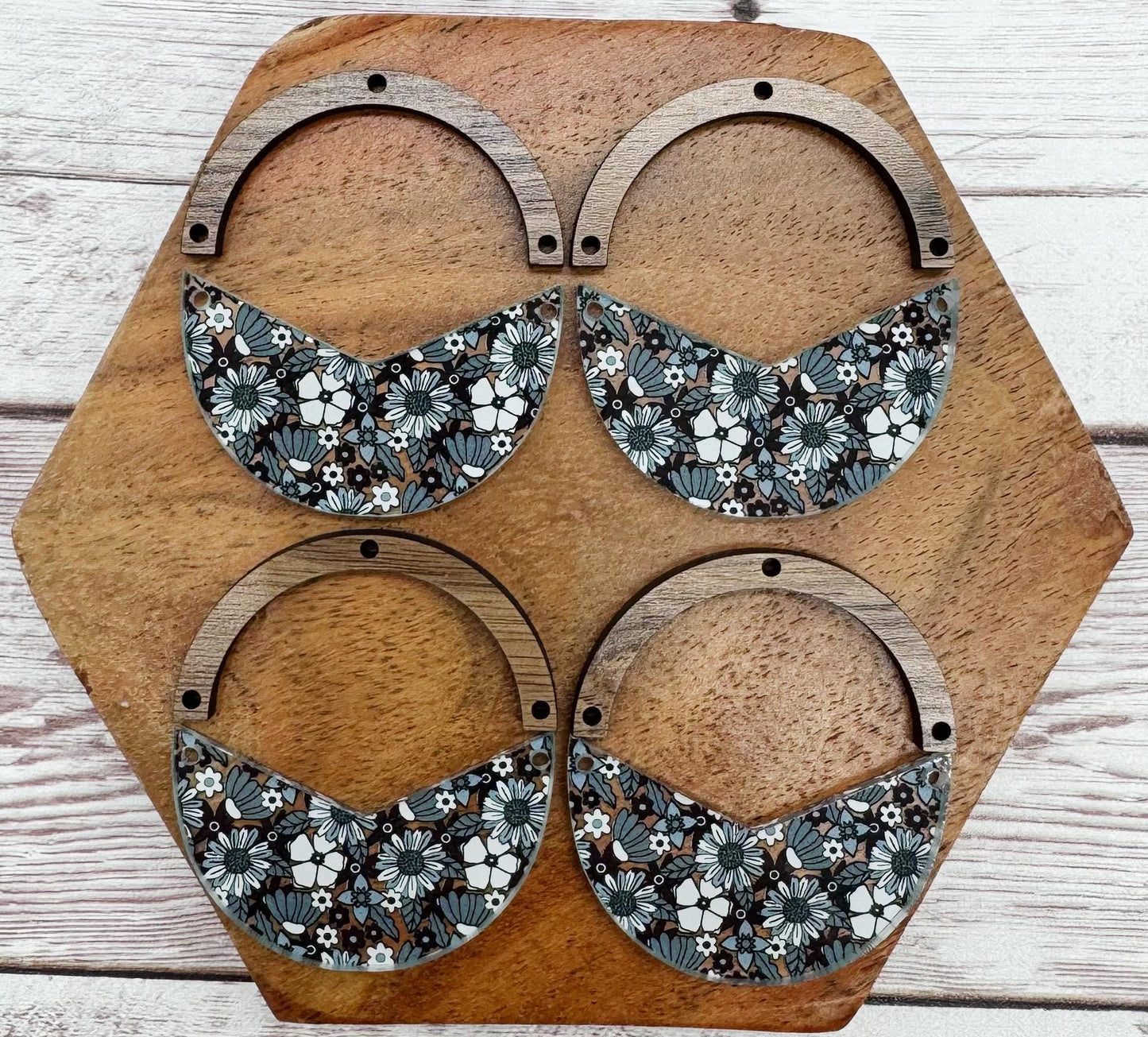 Grey Tone 70s Floral Print Acrylic and Wood Arch Round Earring Blanks, DIY Jewelry Making