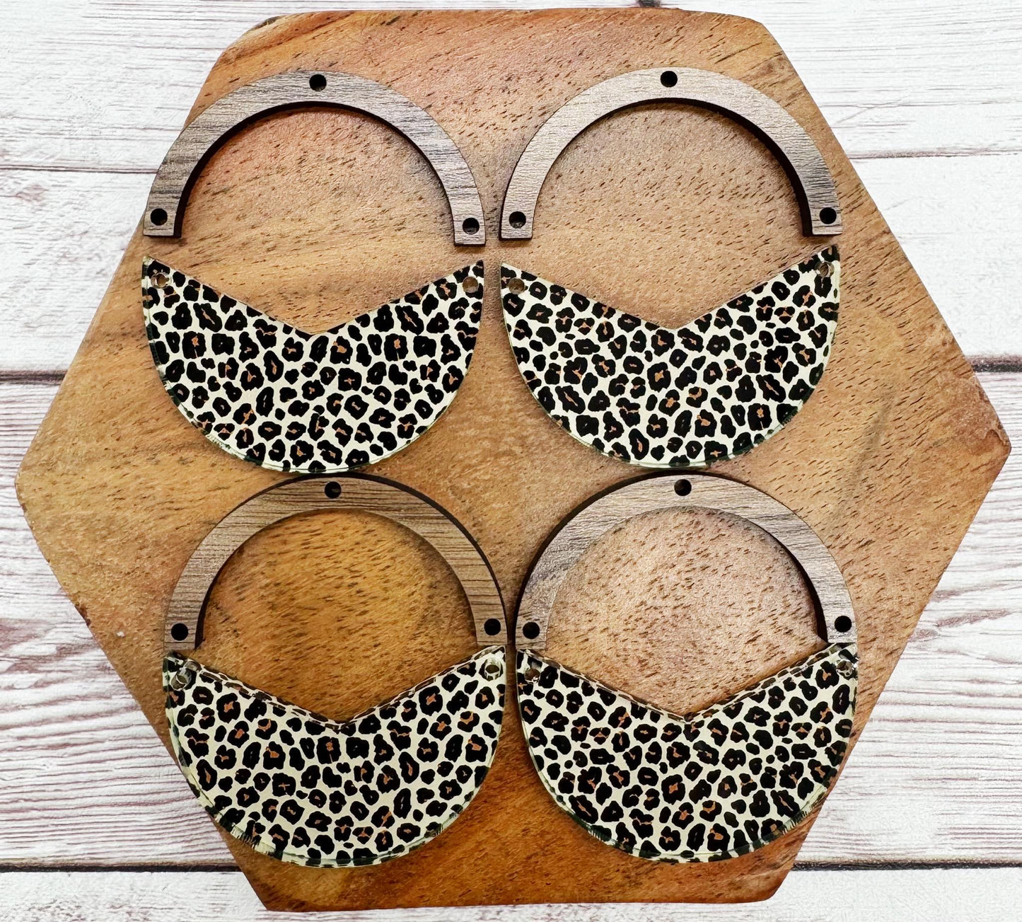 Leopard Print Acrylic and Wood Arch Round Earring Blanks, DIY Jewelry Making