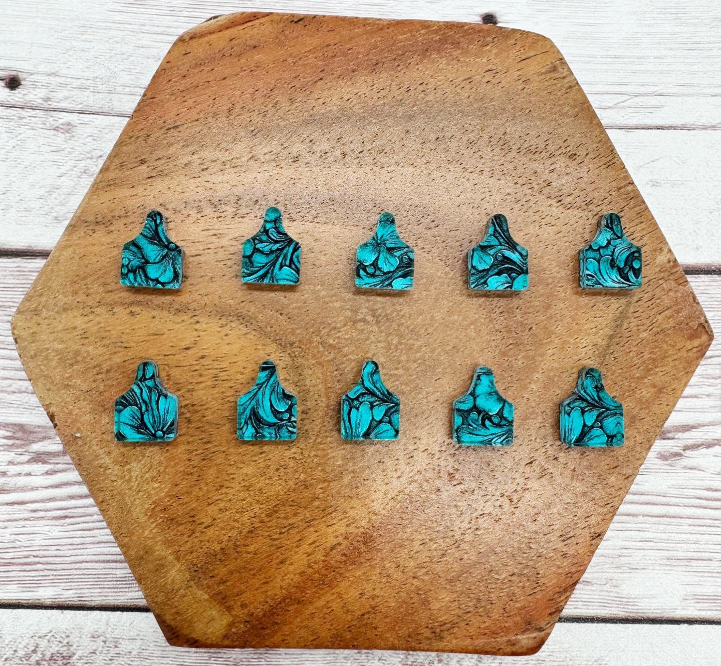 Cow Tag Animal Stud Earring Blanks Set of 5 Pair Teal Tooled Leather Print Acrylic DIY Jewelry Making