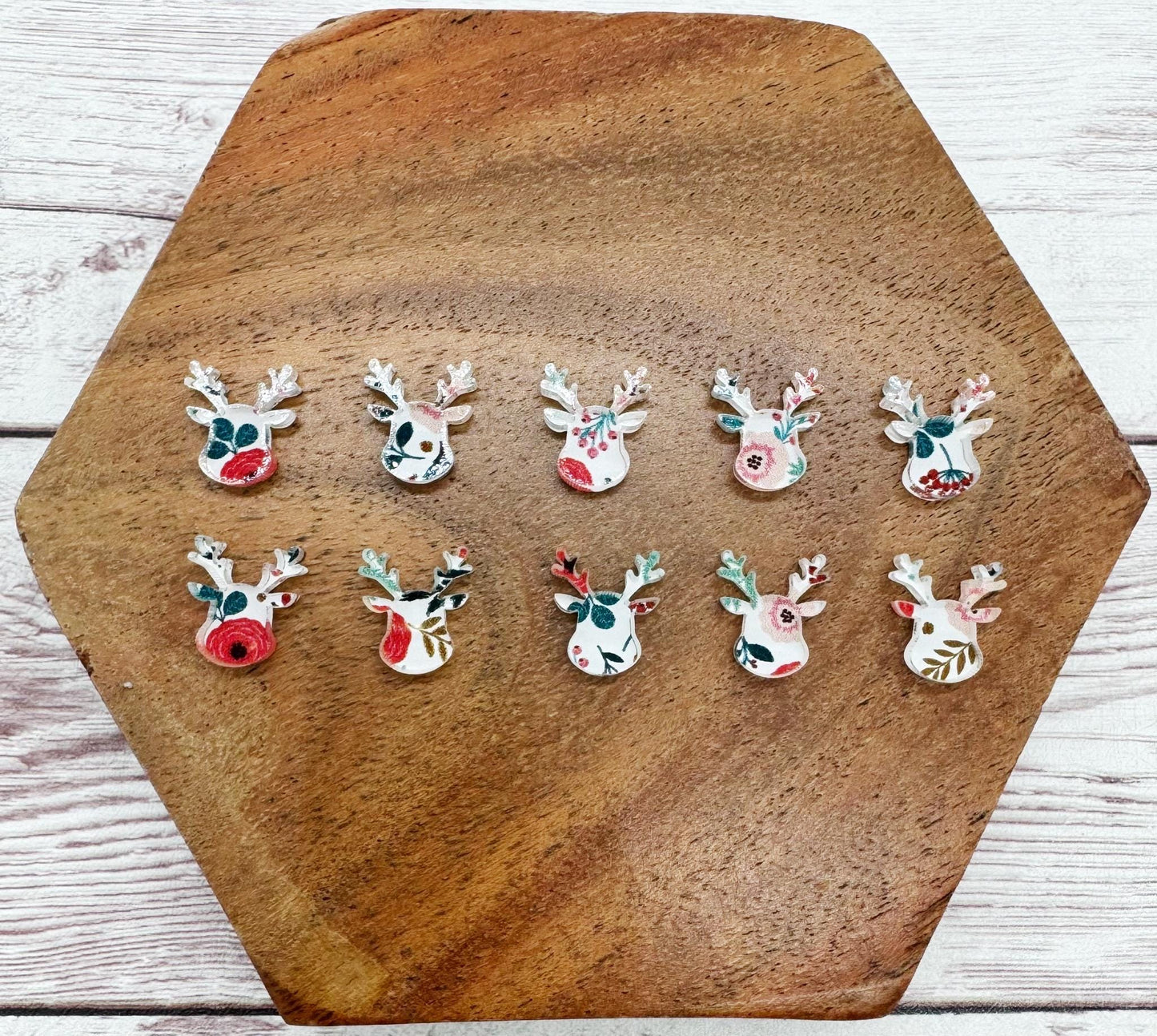 Reindeer Winter Floral Print Acrylic Christmas Stud Earring Blanks Set of 5 Pair DIY Jewelry Making