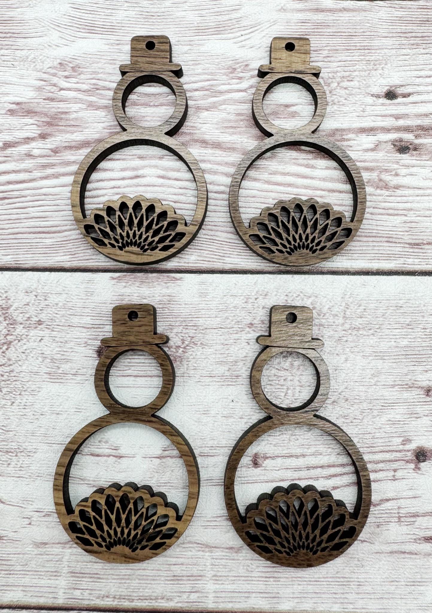 Spirograph Winter Snowman Earring Blanks, Finished Walnut Blank, DIY Jewelry Making