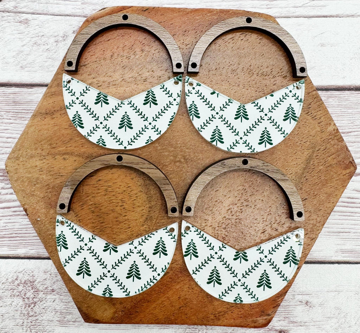 Green Holiday Tree Lattice Print Acrylic and Wood Arch Round Earring Blanks, DIY Jewelry Making