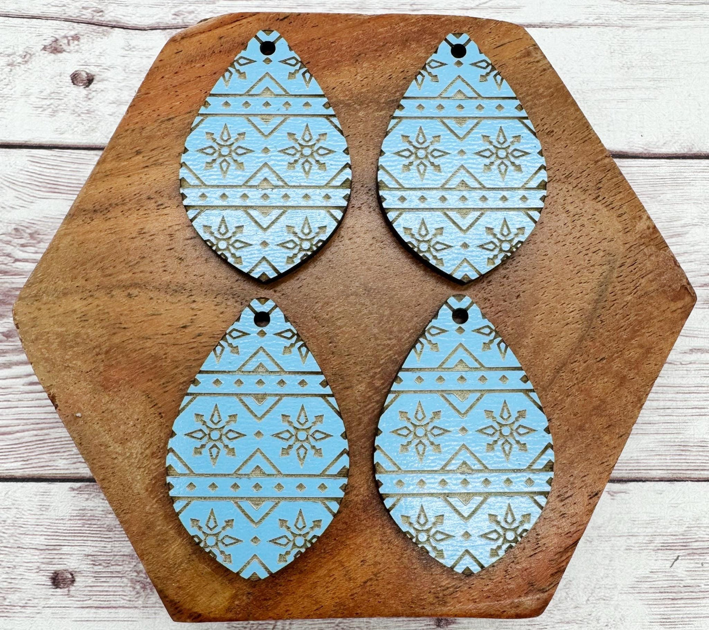 Light Blue Engraved Wood Snowflake Sweater Print Winter Earring Blanks, DIY Jewelry Making