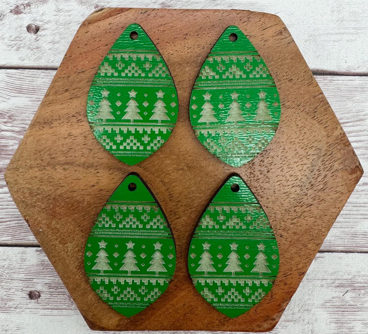 Green Engraved Wood Tree Sweater Print Winter Earring Blanks, DIY Jewelry Making