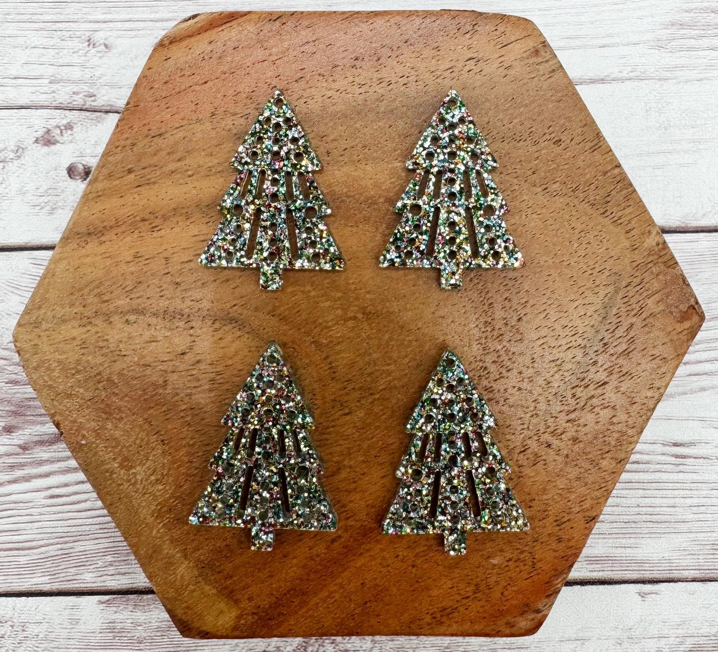 Set of 2 Pair Intricate Christmas Tree Multicolor Glitter Acrylic Earring Blanks DIY Jewelry Making