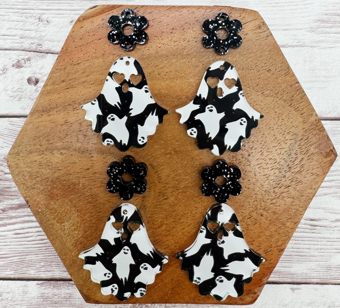 Ghost Print Acrylic and Black Glitter Flower Connector Halloween Set Earring Blanks, DIY Jewelry Making