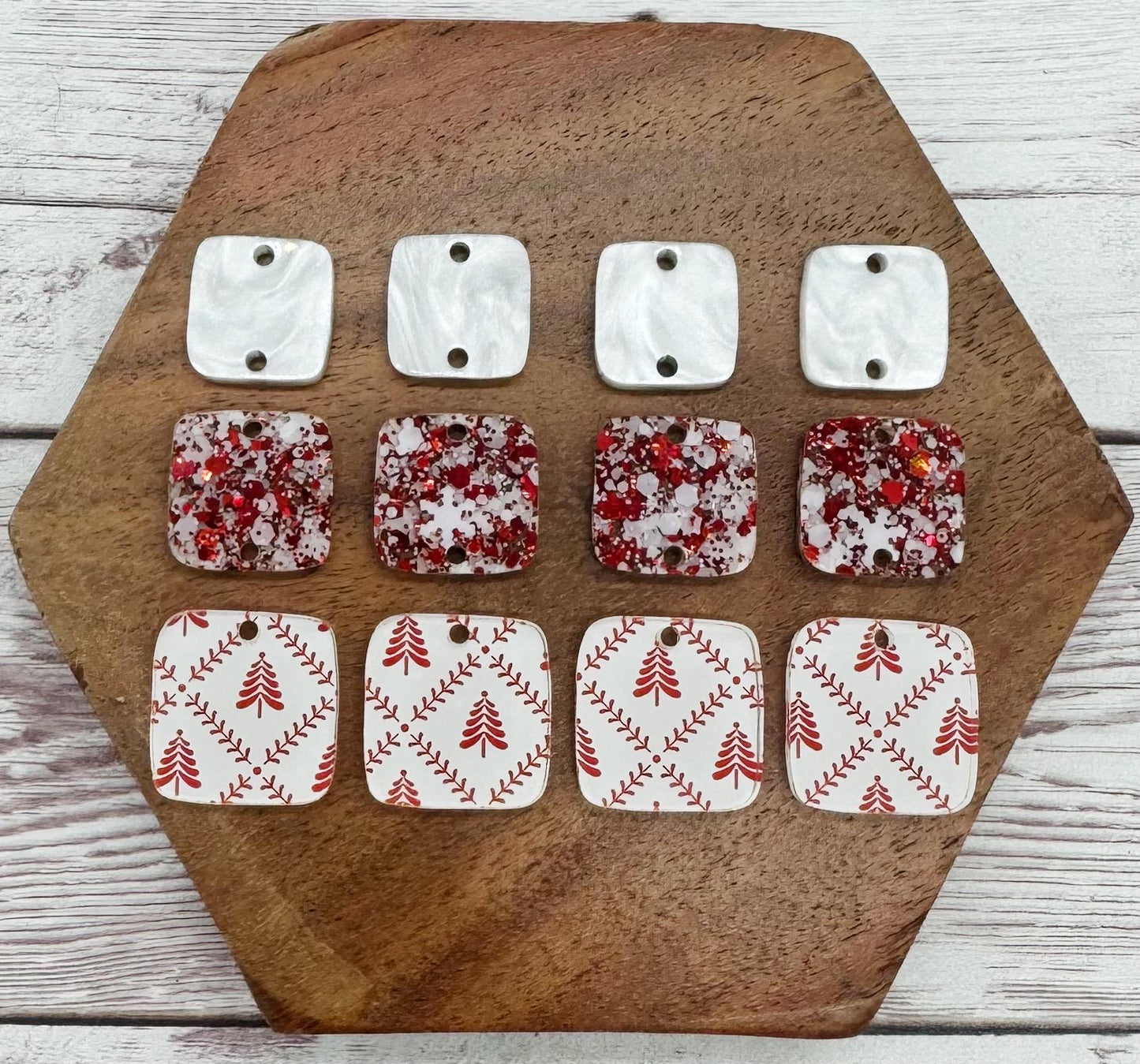 Red Winter Christmas Tree and Glitter Acrylic Rounded Square Trio Set Earring Blanks, DIY Jewelry Making