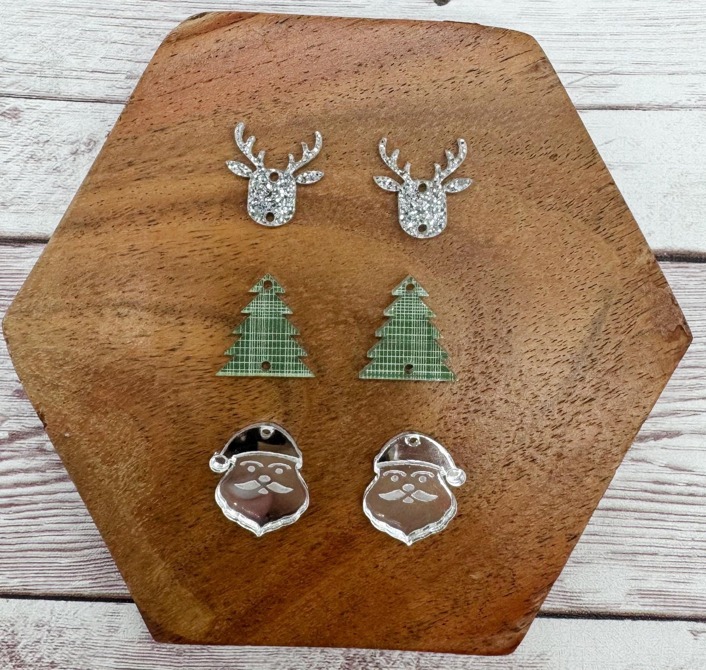 Green and Silver Tone Christmas Trio Acrylic Earring Blanks, Christmas, Winter, DIY Jewelry Making