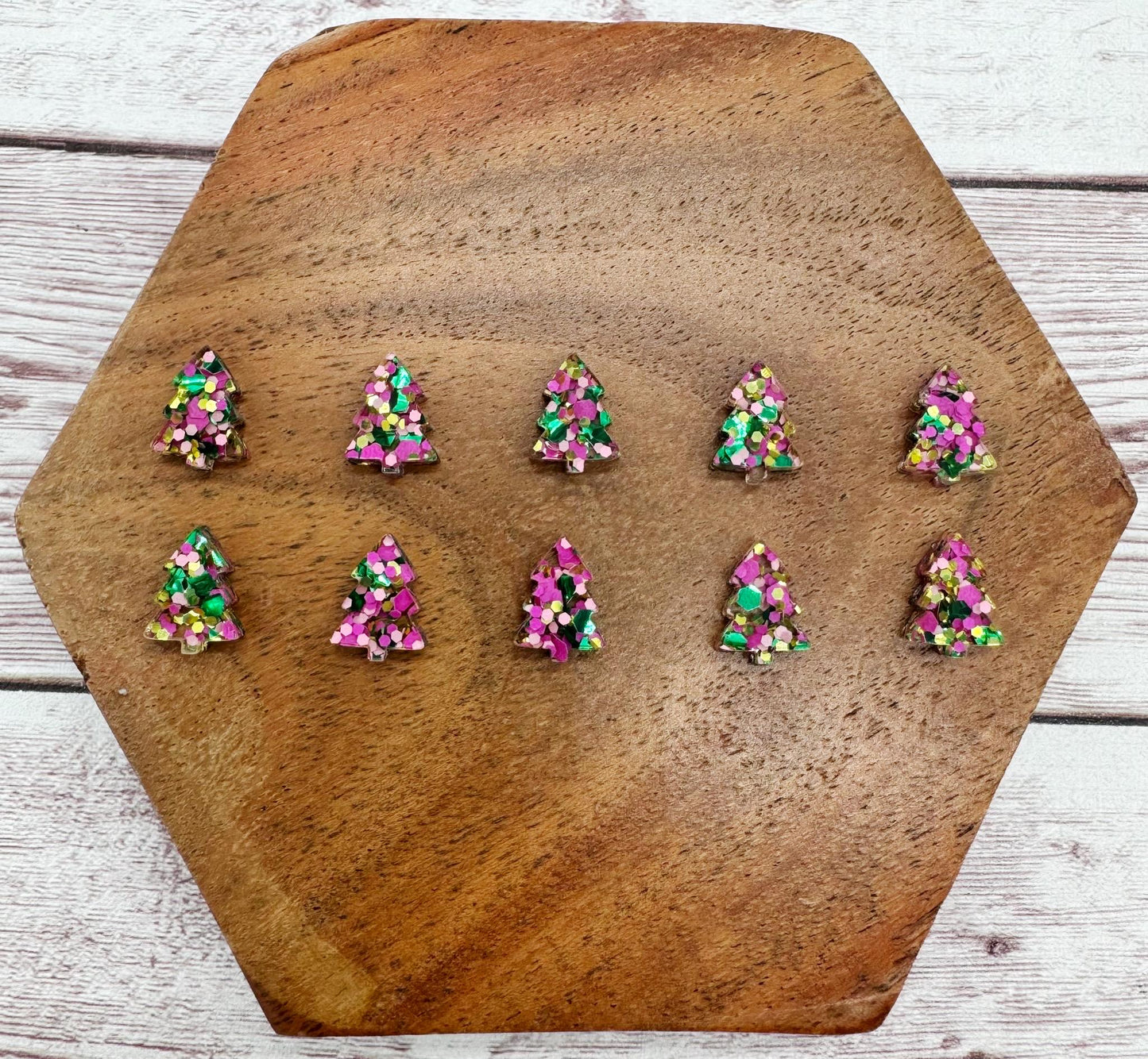 Pink Green Gold Glitter Acrylic Christmas Tree Stud Earring Blanks Set of 5 Pair DIY Jewelry Making