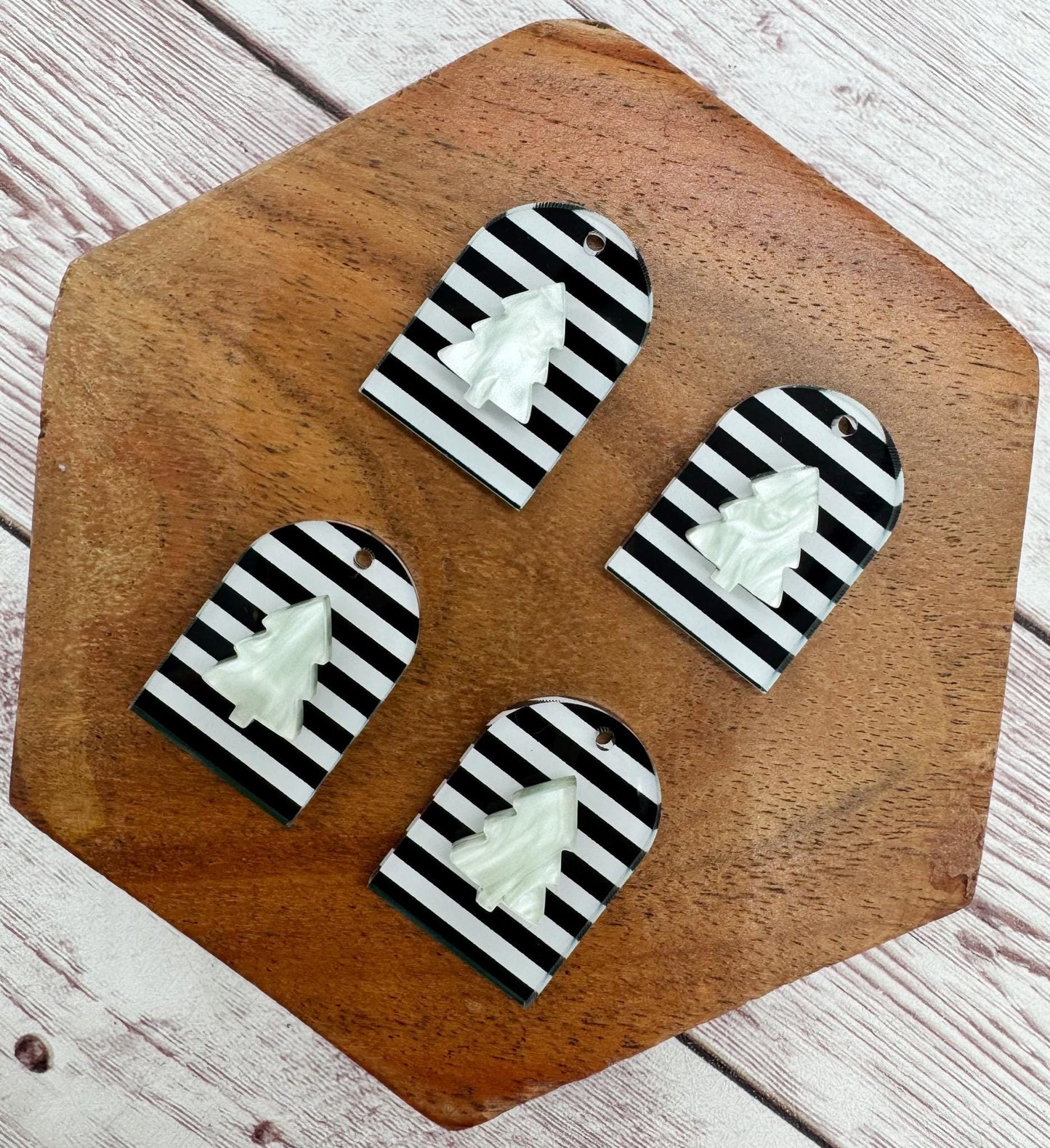 Black and White Stripe Arch and Winter Christmas Tree Layered Acrylic Earring Blanks, DIY Jewelry Making