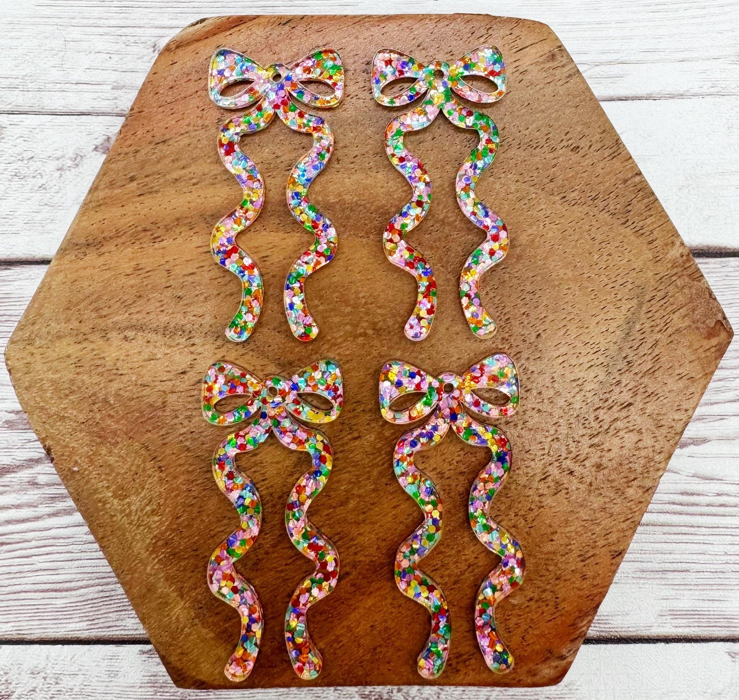 Winter Christmas Multicolor Glitter Acrylic Long Ribbon Bow Earring Blanks, DIY Jewelry Making