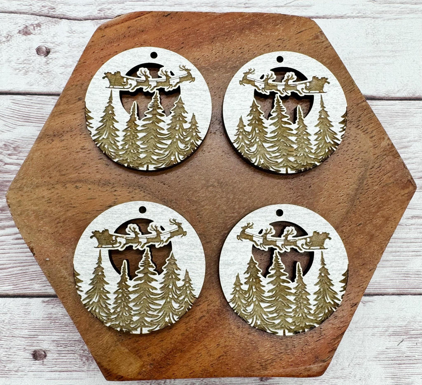 Engraved Santa Sleigh and Reindeer Round Winter Christmas Earring Blanks, DIY Jewelry Making