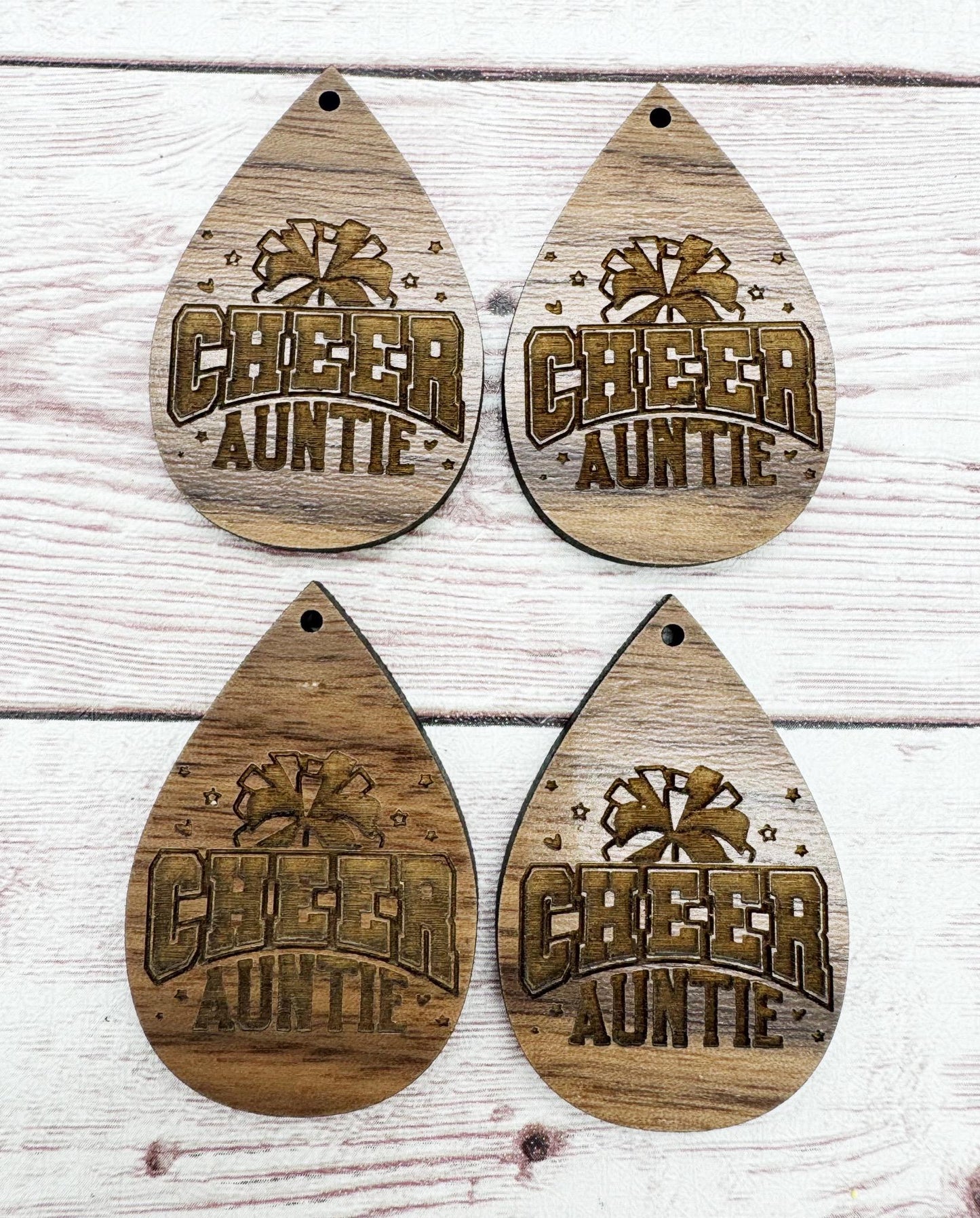 Wood Engraved Cheer Auntie Earring Blanks, Sports, Finished Walnut Blank, DIY Jewelry Making