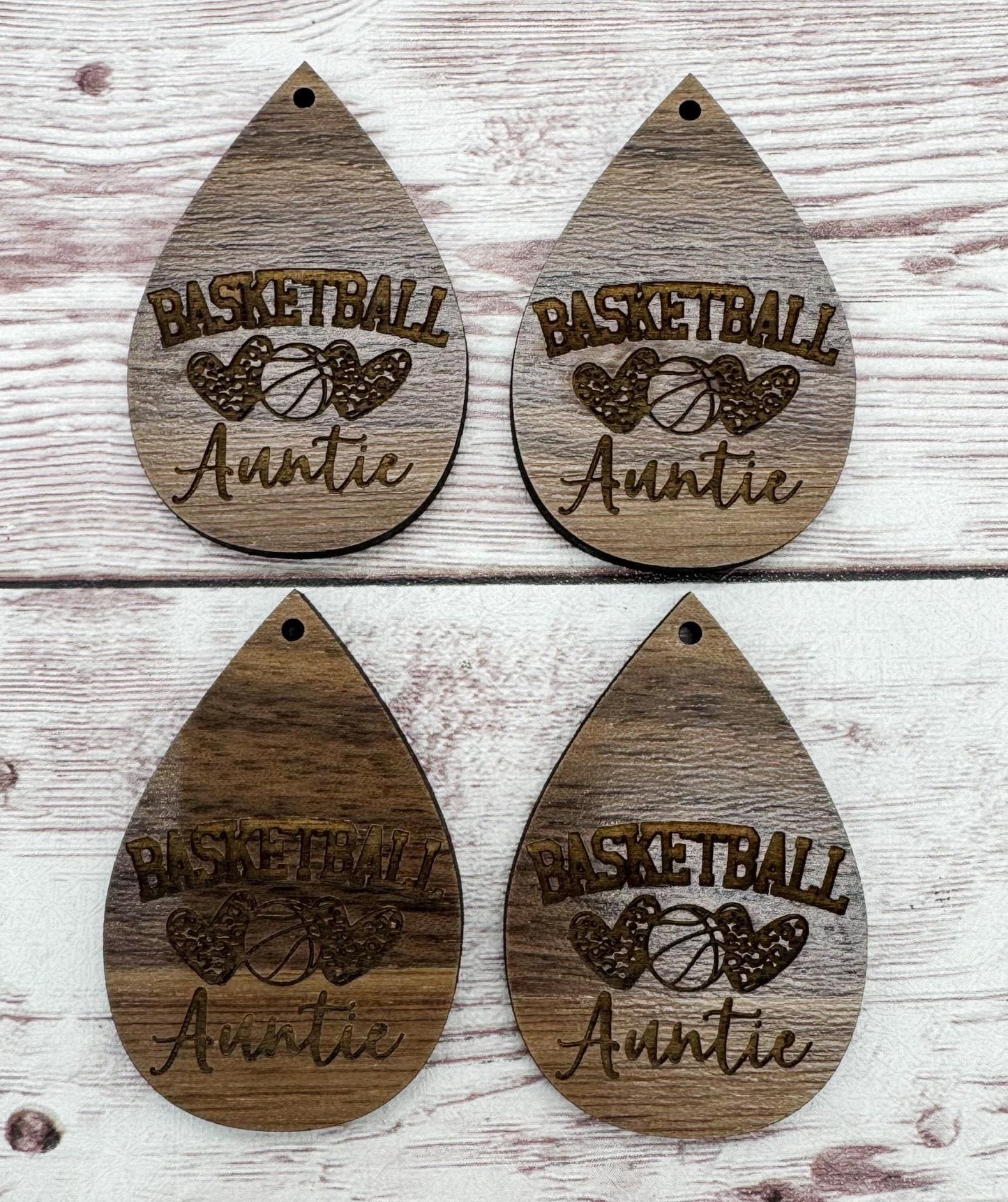 Wood Engraved Basketball Auntie Earring Blanks, Sports, Finished Walnut Blank, DIY Jewelry Making